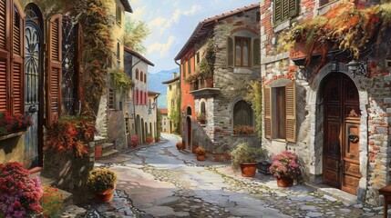 Fototapeta premium Italian village with a quiet cobblestone street surrounded by historic facades, 16:9