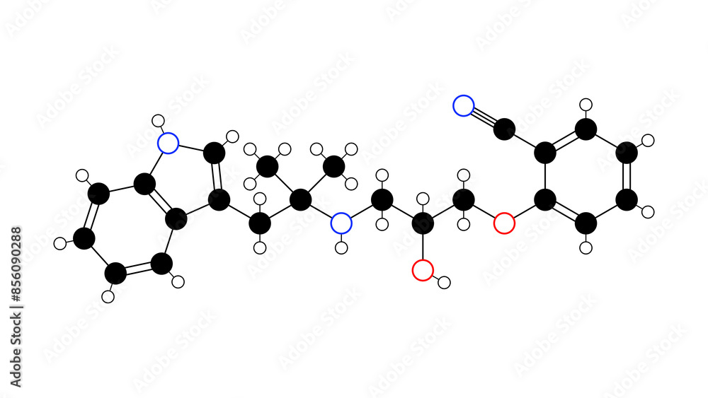 Wall mural bucindolol molecule, structural chemical formula, ball-and-stick model, isolated image beta blocker