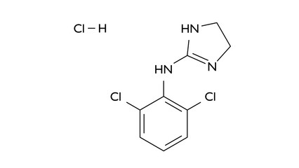 clonidine hydrochloride molecule, structural chemical formula, ball-and-stick model, isolated image hydrochloride salt form of clonidine