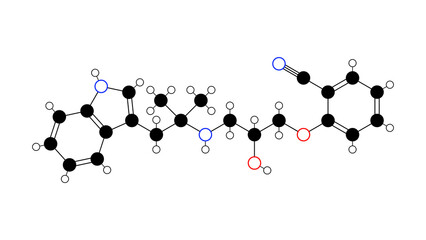 bucindolol molecule, structural chemical formula, ball-and-stick model, isolated image beta blocker