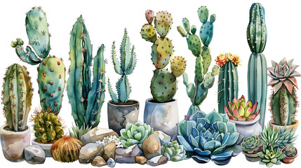 A watercolor realistic and detailed illustration of various cacti and succulents in pots surrounded by rocks on the floor, Generative AI