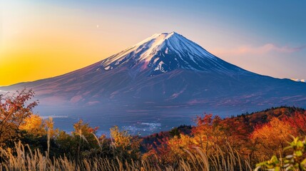 Fototapeta premium Mount Fuji at Sunrise in Autumn, Generative AI