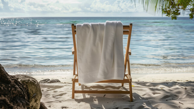 A wooden beach chair with a white towel draped over it, facing the sunny, sparkling ocean water, ideal for relaxation.