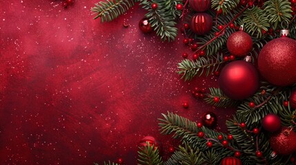 Festive Christmas Background with Red Ornaments and Fir Branches, Generative AI