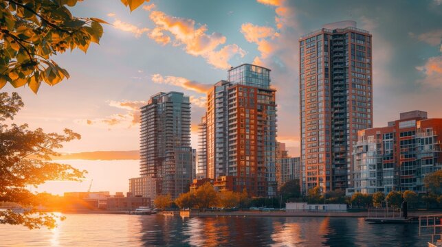 High-rise buildings on a riverfront during golden hour, with the sunlight casting a warm glow.