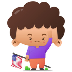 Cute character respectfully carrying American flag