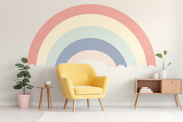 Cozy Modern Living Room with Yellow Armchair and Pastel Rainbow Wall Art
