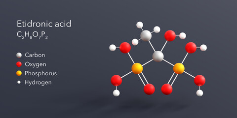 etidronic acid molecule 3d rendering, flat molecular structure with chemical formula and atoms color coding