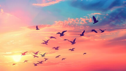 Silhouettes of a flock of birds flying across a colorful sunset sky.