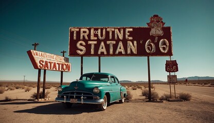 Vintage car by old Route 66 sign