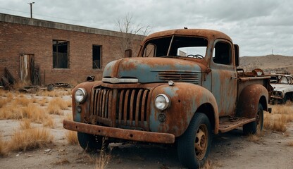 Vintage rusty pickup truck in desert