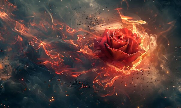 An abstract depiction of a red flaming rose surrounded by swirling smoke, ashes, and glowing embers, creating a surreal and fantasy-inspired image