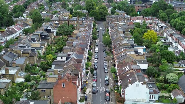 UK houses- Aerial view of residential street in Ealing, West London