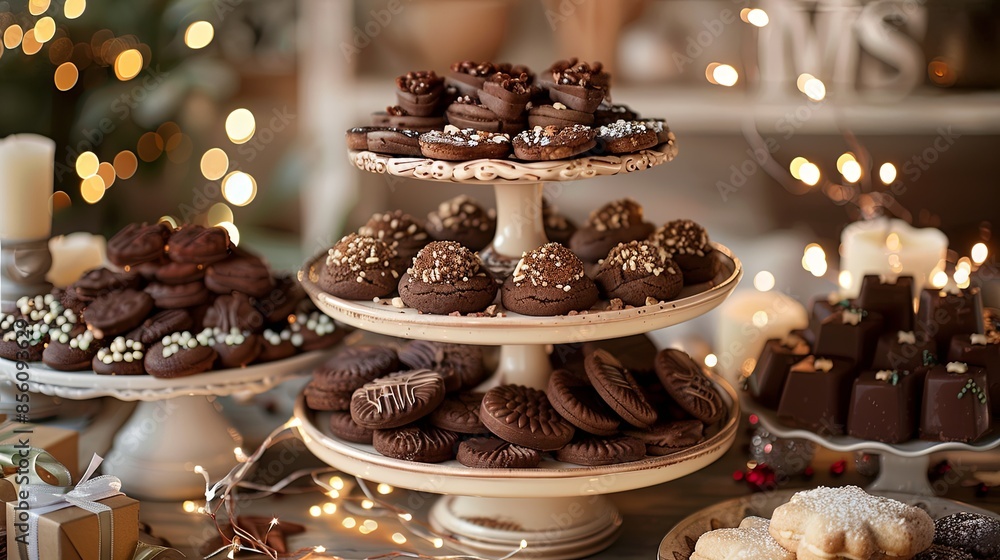 Sticker Chocolate Cookies on Tiered Cake Stand: An assortment of chocolate cookies displayed on a tiered cake stand