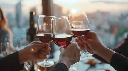 Business Team Toasting Success in Modern Office with City Skyline View