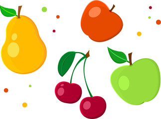 Cartoon fruit vector icon. Pear, apples, cherry. Summer collection, simple food set isolated on white background. Nature vector illustration