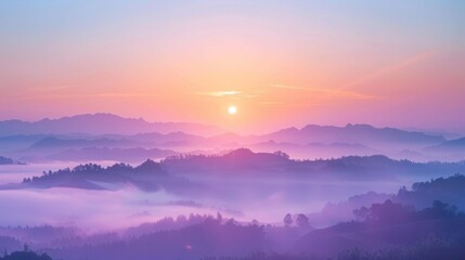 Fototapeta premium A breathtaking sunrise over a misty valley, with soft pastel colors painting the sky. 