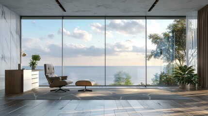 A large room with a view of the ocean and a chair
