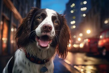 Portrait of a smiling english springer spaniel in bustling city street background