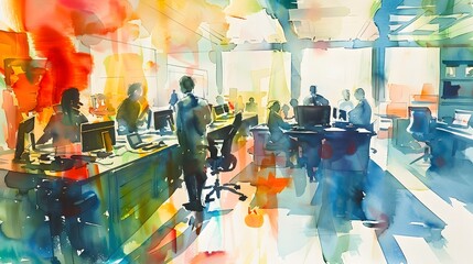 Successful Watercolor Depiction of a Coordinated Office Emergency Drill with Dynamic Colors