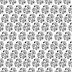 Illustration of a seamless pattern in a linear style with a bouquet of wildflowers namely poppies on a white background.