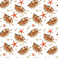  Seamless pattern with different seashells, starfishes and pearls on white background for textiles, cards, print packaging and boxes.