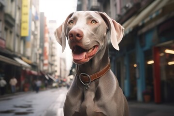 Portrait of a happy weimaraner dog isolated on bustling city street background