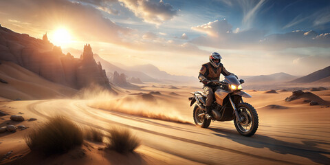 Motorcyclist at sunset in desert mountains