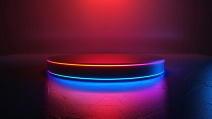 Glowing 3D podium in a dark room with neon lights perfect for high tech product presentations and futuristic showcases