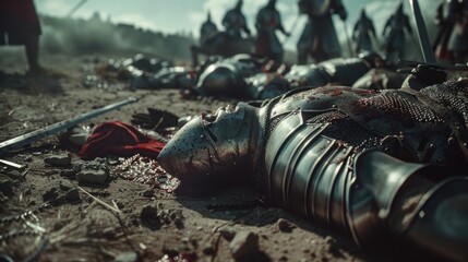 Lying wounded knight on a foggy battlefield