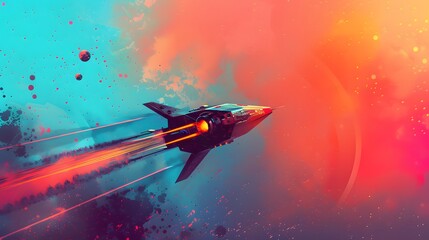 An exhilarating spaceship zooming through vivid cosmic landscapes, leaving a trail of vibrant light against a colorful galaxy backdrop.