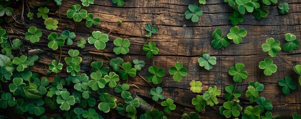 Green clover leaves on old wooden surface, top view. Nature and luck concept