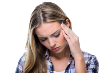 Young woman experiencing a headache, 
holding her forehead in discomfort isolated on white background