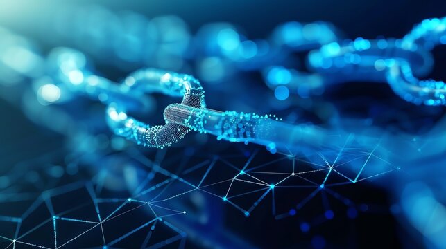 Close-up of a digital chain link with a glowing effect, representing blockchain technology and secure digital connections.