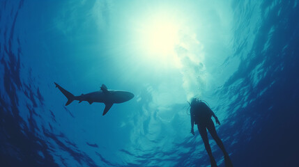 Fototapeta premium Diver Encountering Shark in Vibrant Ocean