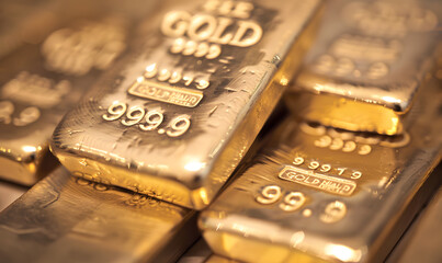 Close-up of gold bars with intricate engravings, reflecting ambient light, symbolizing luxury and stability