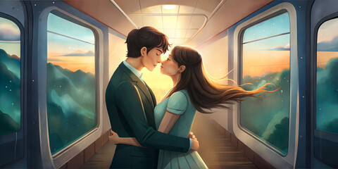 Animated couple embracing on a train