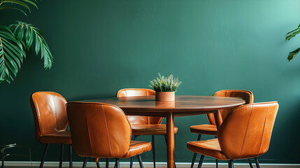 Orange leather chairs at a round dining table behind a green wall.