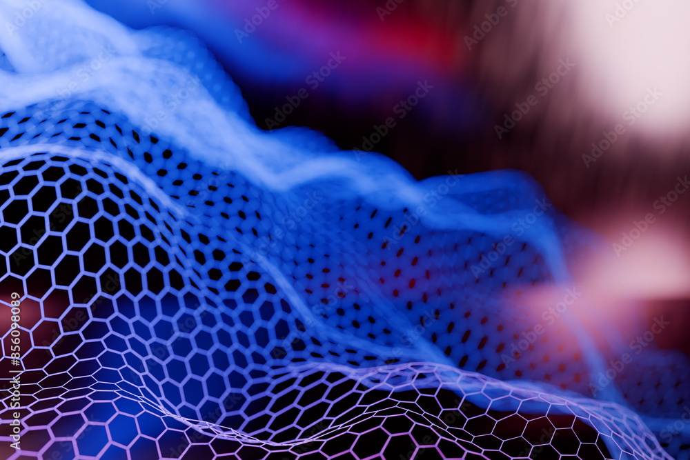 Poster abstract close-up of blue hexagonal mesh with a blurred purple and red background. 3d rendering