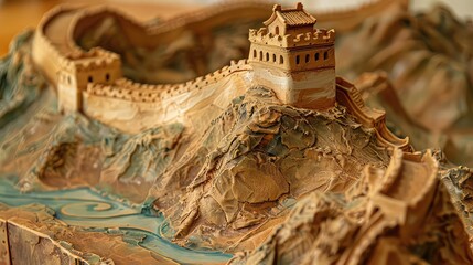 Fototapeta premium Great Wall of China in clay, rustic style, earthy colors, detailed textures, historical feel