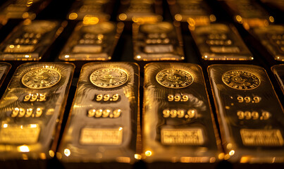 Close-up of gold bars with intricate engravings, reflecting ambient light, symbolizing luxury and stability