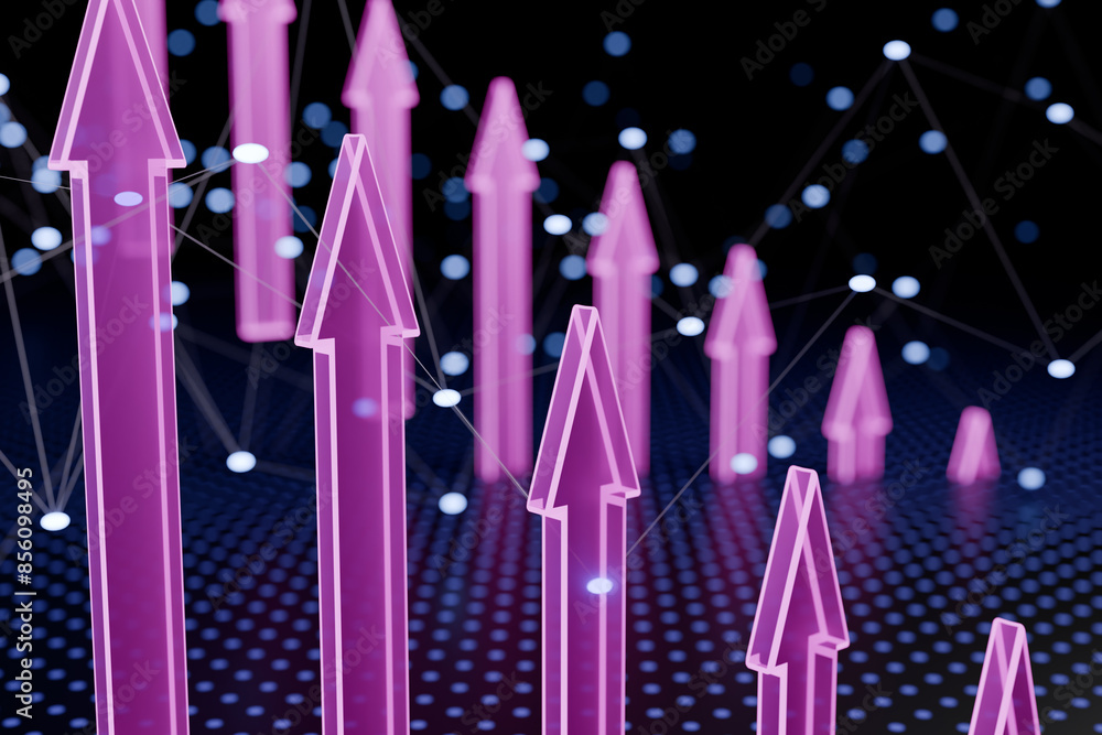 Poster multiple upward-pointing arrows with a digital background, indicating growth or progress. 3d renderi