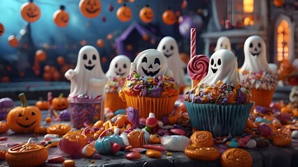 Obraz premium halloween lollipop wonderland with happy excited costumed as ghosts kids playing trick or treat,