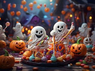 halloween lollipop wonderland with happy excited costumed as ghosts kids playing trick or treat,