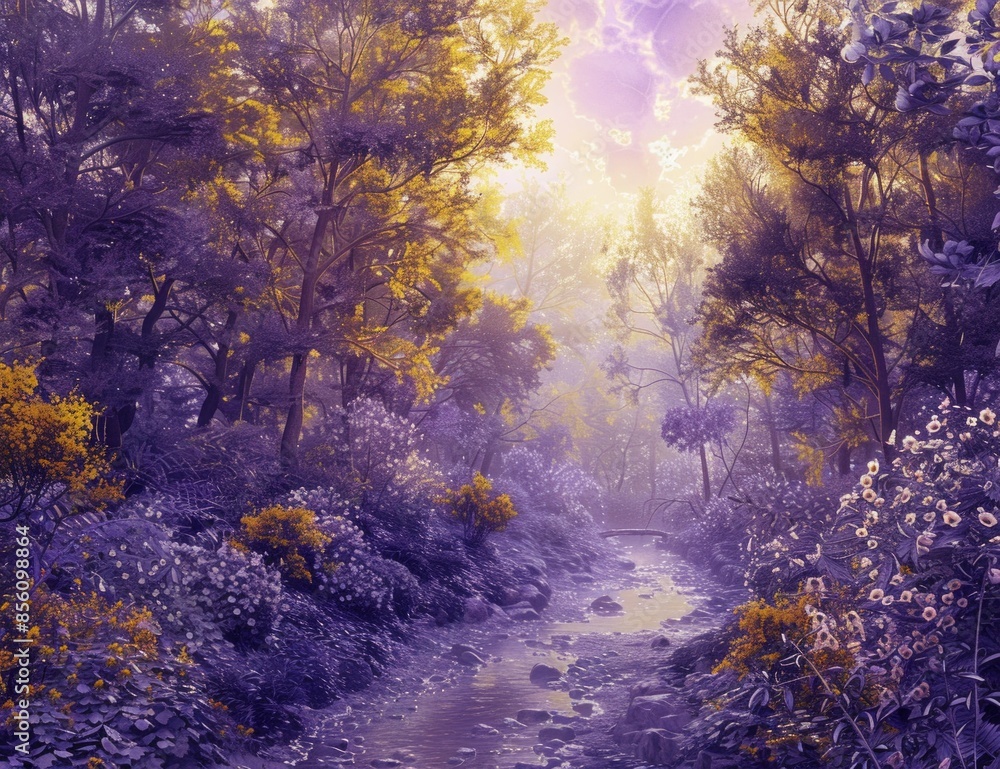 Wall mural purple yellow fall forest with a stream - Wall murals
