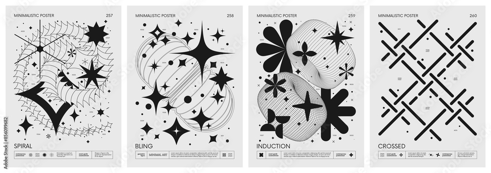 Poster brutalist style vector minimalistic posters with silhouette basic figures, retro futuristic graphic 