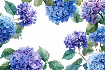 Beautiful floral frame with purple and blue hydrangeas, ideal for wedding invites, greeting cards, and celebration themes.