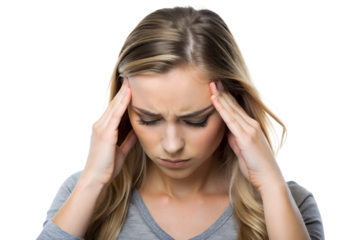 Young woman experiencing a headache,
holding her forehead in discomfort isolated on white background