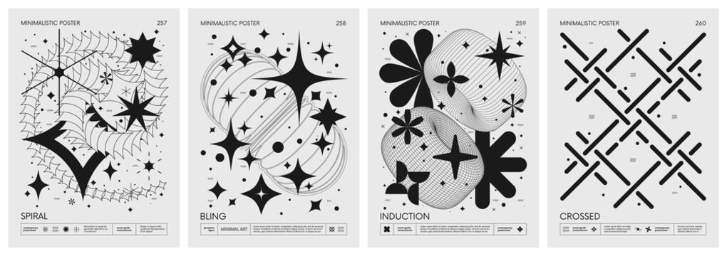 Brutalist style vector minimalistic Posters with silhouette basic figures, Retro futuristic graphic elements of geometrical shapes rave composition, Modern monochrome print artwork, set 65