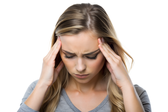 Young woman experiencing a headache, 
holding her forehead in discomfort isolated on white background